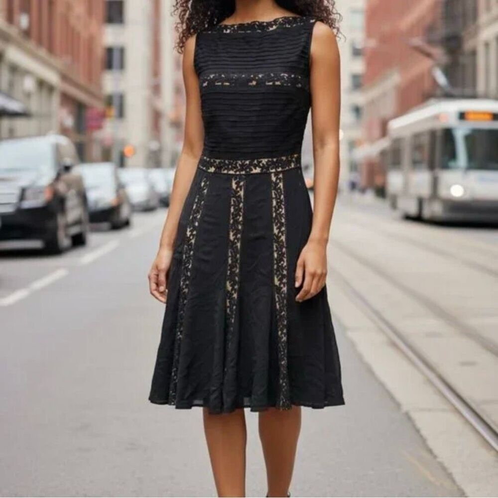 Tadashi Shoji Black Knit Pleated Lace Detail Dress Size Petite Small Cocktail